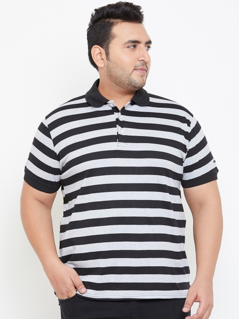 

bigbanana Plus Size Men Black Striped Polo Collar Bio Finish T-shirt