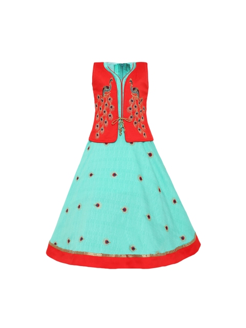 

Aarika Girls Turquoise Embroidered Blue & Red Silk Maxi Dress, Turquoise blue