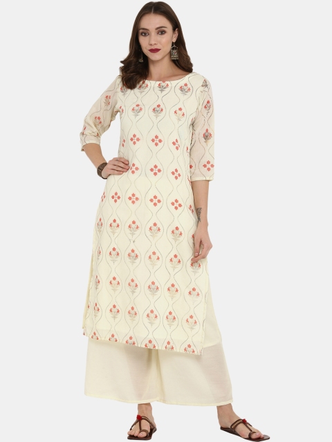 

ZIYAA Women White & Pink Foil Printed Straight Kurta