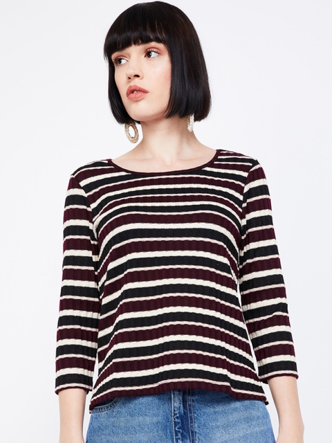 

Bossini Women Burgundy & Off-White Striped Round Neck T-shirt