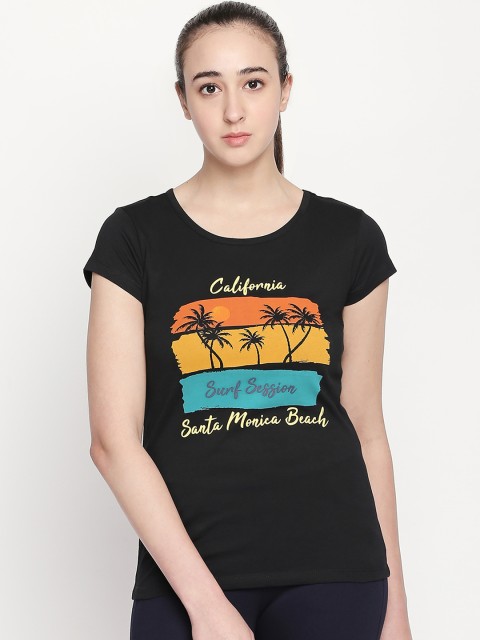 

Ajile by Pantaloons Women Black Orange Printed Round Neck Pure Cotton T-shirt