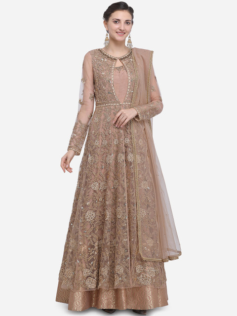 

Stylee LIFESTYLE Beige Net Semi-Stitched Dress Material