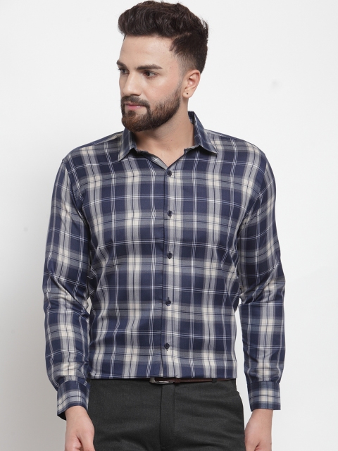 

JAINISH Premium Men Navy Blue & Grey Slim Fit Checked Formal Shirt