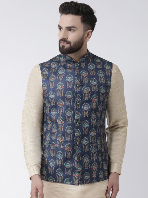 

I Know Men Navy Blue Printed Nehru Jacket