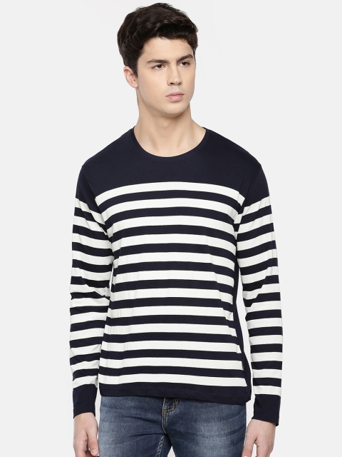 

Braveo Men Navy Blue & White Striped Round Neck Slim Fit T-shirt