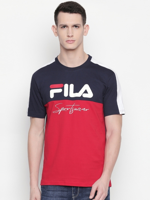 

FILA Men Navy Blue Red Colourblocked Round Neck Pure Cotton T-shirt