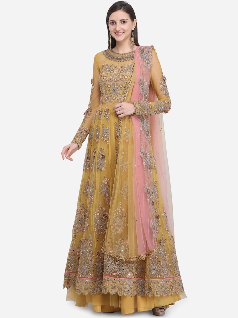 

Stylee LIFESTYLE Yellow Net Semi-Stitched Dress Material