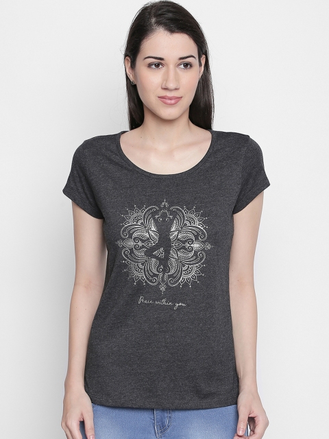 

Ajile by Pantaloons Women Charcoal Grey Printed Scoop Neck Pure Cotton T-shirt