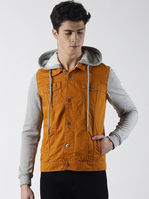 

Blue Saint Men Brown Solid Hooded Denim Jacket