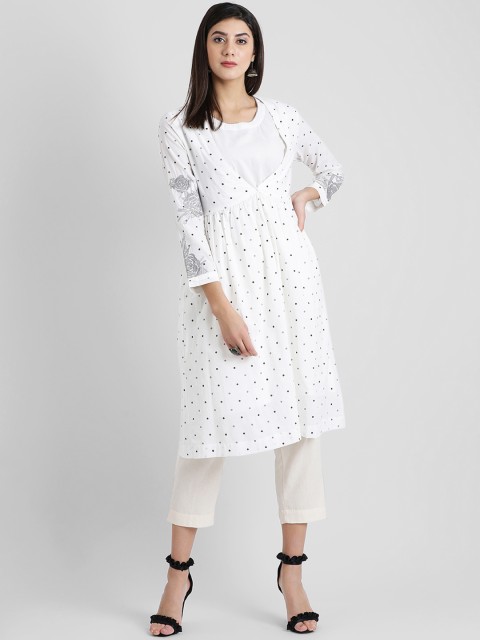 

Aayna Women White Printed Layered Kurta with Trousers
