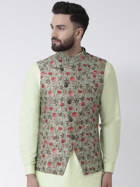 

I Know Men Green Printed Nehru Jacket