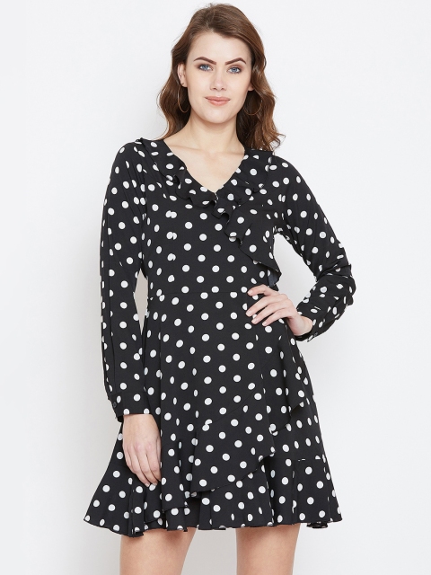 

Berrylush Women Black & White Polka Dots Print Wrap Dress