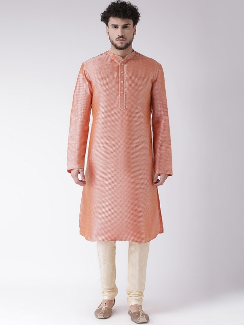

TABARD Men Orange Woven Design Silk Straight Kurta