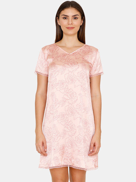 

Zivame Women Pink Floral Print Satin Finish Sleep Shirt