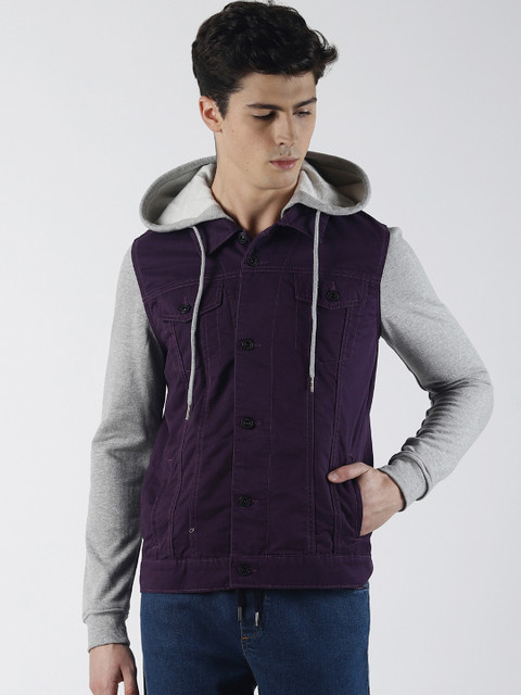 

Blue Saint Men Purple Solid Hooded Denim Jacket
