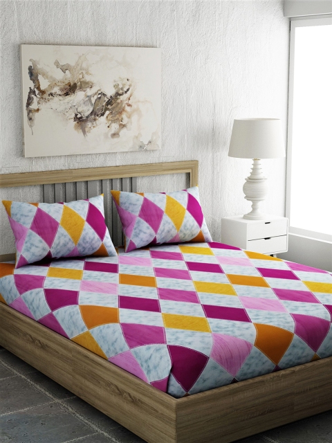 

EverHOME Pink & Mustard Yellow 144 TC Cotton 1 Queen Bedsheet with 2 Pillow Covers