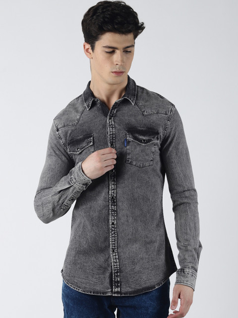 

Blue Saint Men Charcoal Grey Slim Fit Faded Denim Casual Shirt