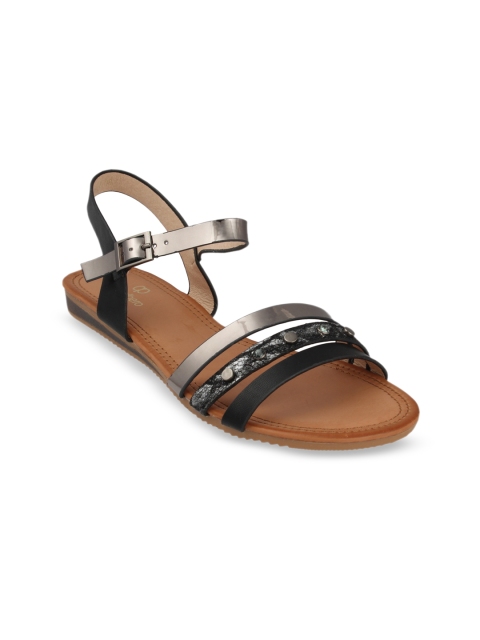 

pelle albero Women Black & Silver-Toned Colourblocked Open Toe Flats