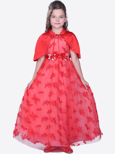 

CUTECUMBER Girls Red Floral Embroidered Maxi Dress