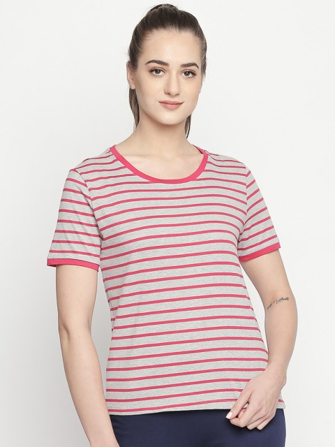 

Ajile by Pantaloons Women Fuchsia Striped Round Neck Pure Cotton T-shirt