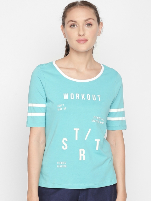 

Ajile by Pantaloons Women Turquoise Blue White Printed Round Neck Pure Cotton T-shirt