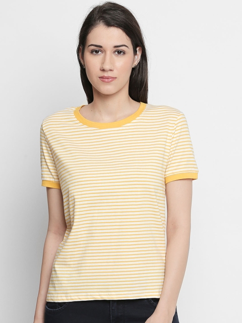 

Ajile by Pantaloons Women Yellow Striped Round Neck T-shirt