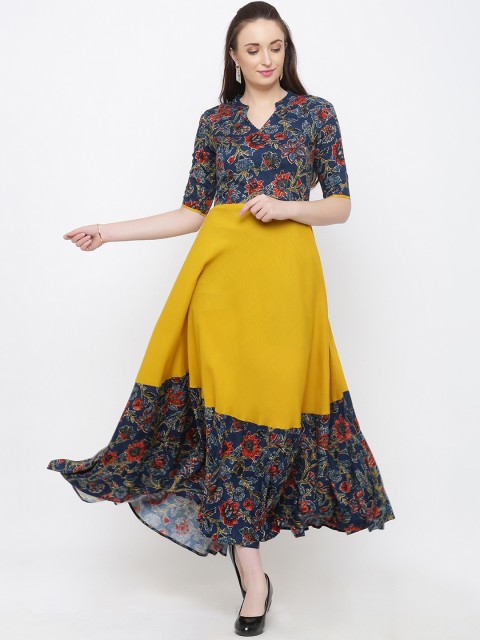 

Indian Virasat Women Mustard Yellow & Blue Printed Maxi Dress