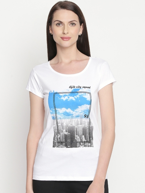 

Ajile by Pantaloons Women White & Blue Printed Round Neck T-shirt