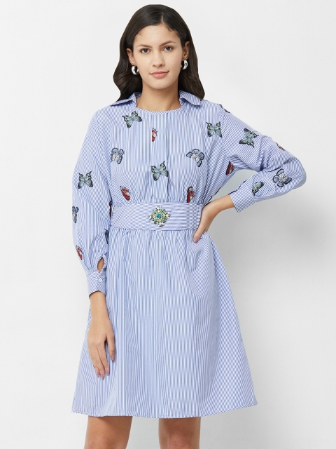 

bebe Women Blue Striped Fit and Flare Dress