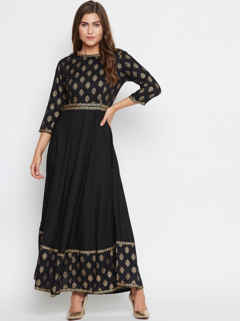 

Castle Women Printed Black & Golden-Coloured Block Printed Fit and Flare Dress