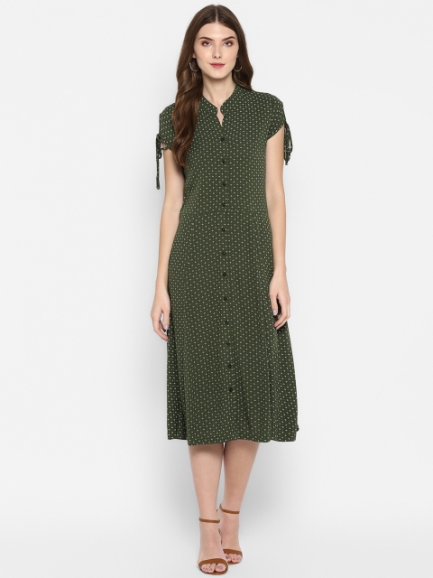 

MIAMINX Women Olive Green Polka Dot Printed Shirt Dress