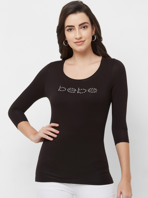 

bebe Women Black Embellished Scoop Neck T-shirt