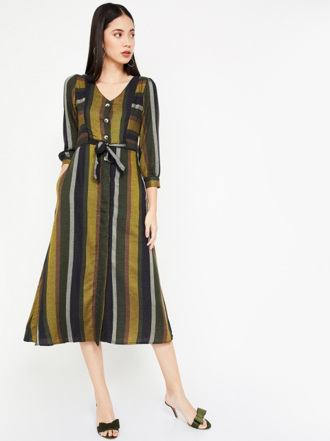 

CODE by Lifestyle Women Mustard Yellow Striped Fit and Flare Dress
