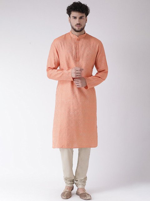 

TABARD Men Pink Woven Design Silk Straight Kurta