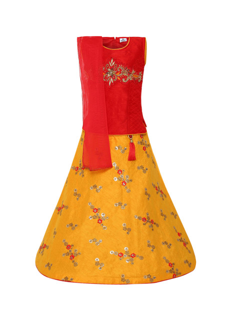 

Aarika Girls Red & Yellow Embellished Ready to Wear Lehenga & Blouse with Dupatta