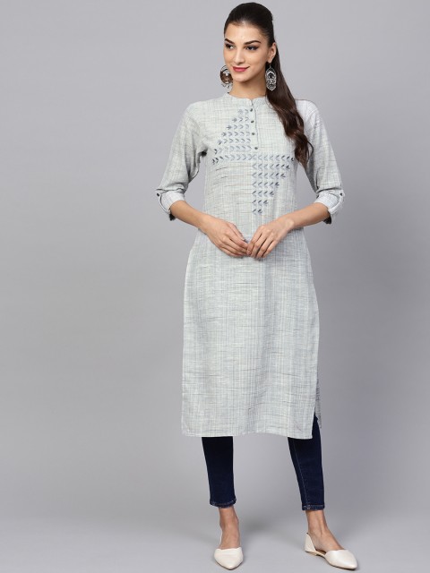 

Indo Era Women Grey & Blue Embroidered Straight Kurta