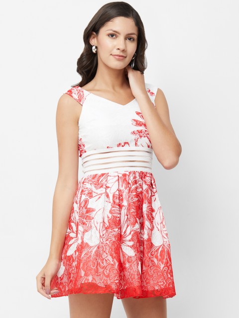 

bebe Women Red & White Floral Printed Fit and Flare Dress