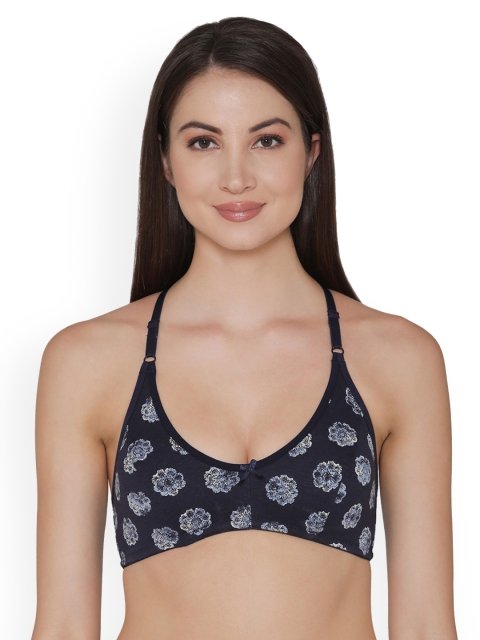 

Clovia Cotton Non-Padded Non-Wired Floral Print Criss-Cross Bra, Navy blue