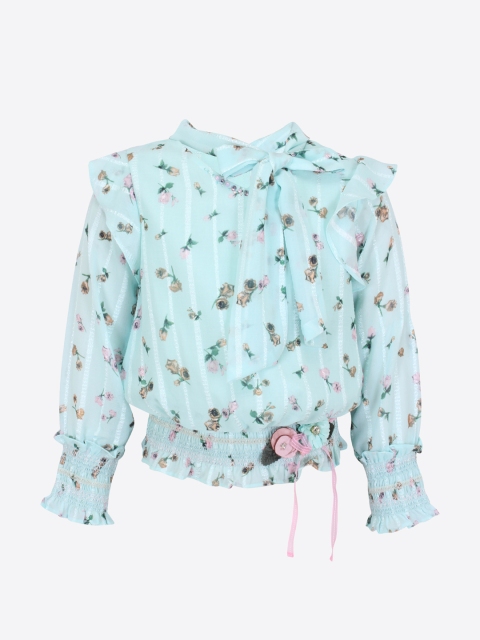 

CUTECUMBER Girls Turquoise Blue Printed Blouson Top