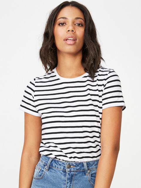 

COTTON ON Women White & Black Striped Round Neck T-shirt