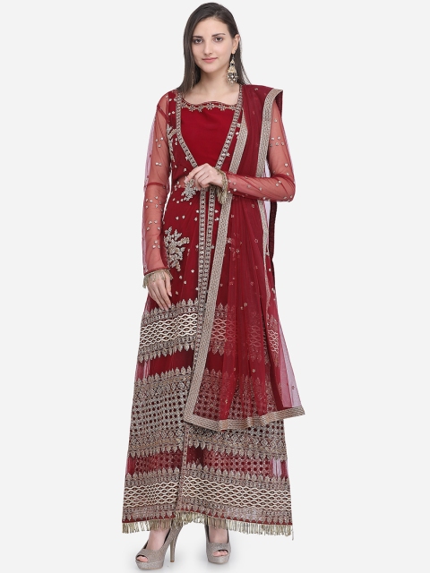 

Stylee LIFESTYLE Maroon Net Semi-Stitched Dress Material