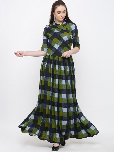 

Indian Virasat Women Green & Blue Checked Maxi Dress