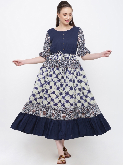 

Indian Virasat Women Blue & Beige Printed Fit and Flare Dress