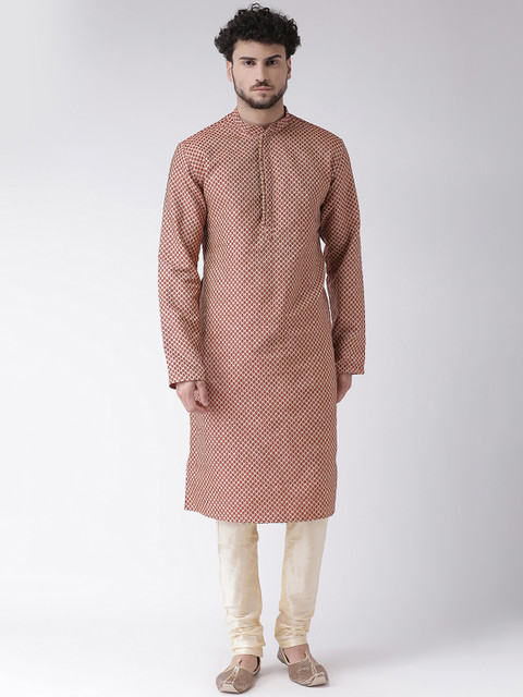

TABARD Men Maroon & Beige Woven Design Silk Straight Kurta