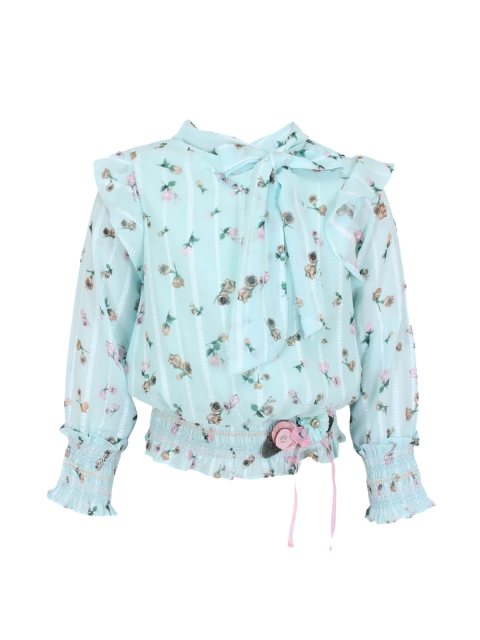 

CUTECUMBER Girls Turquoise Blue Printed Blouson Top