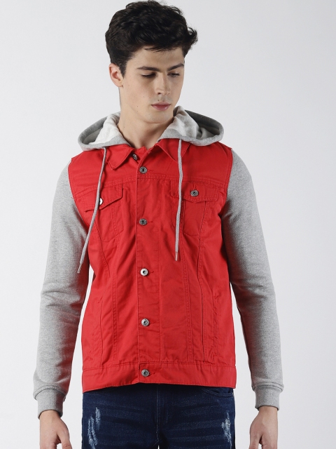 

Blue Saint Men Red Solid Hooded Denim Jacket