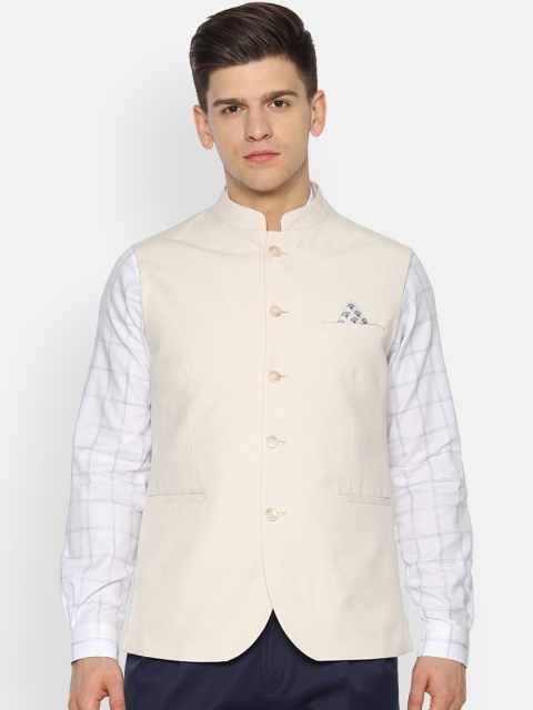 Allen Solly Men Cream-Coloured Solid Nehru Jacket