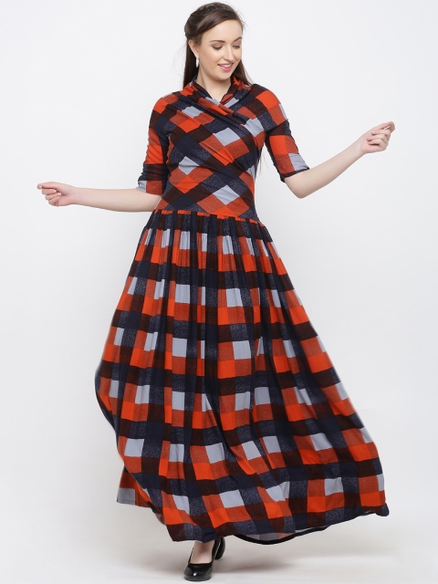 

Indian Virasat Women Orange & Blue Checked Maxi Dress