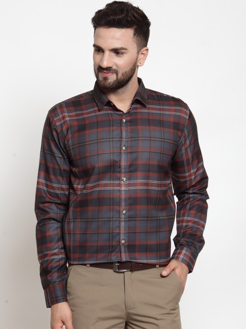 

JAINISH Premium Men Grey & Maroon Slim Fit Checked Formal Shirt