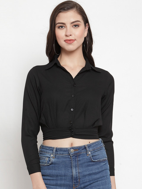 

Everlush Women Black Solid Shirt Style Crop Top